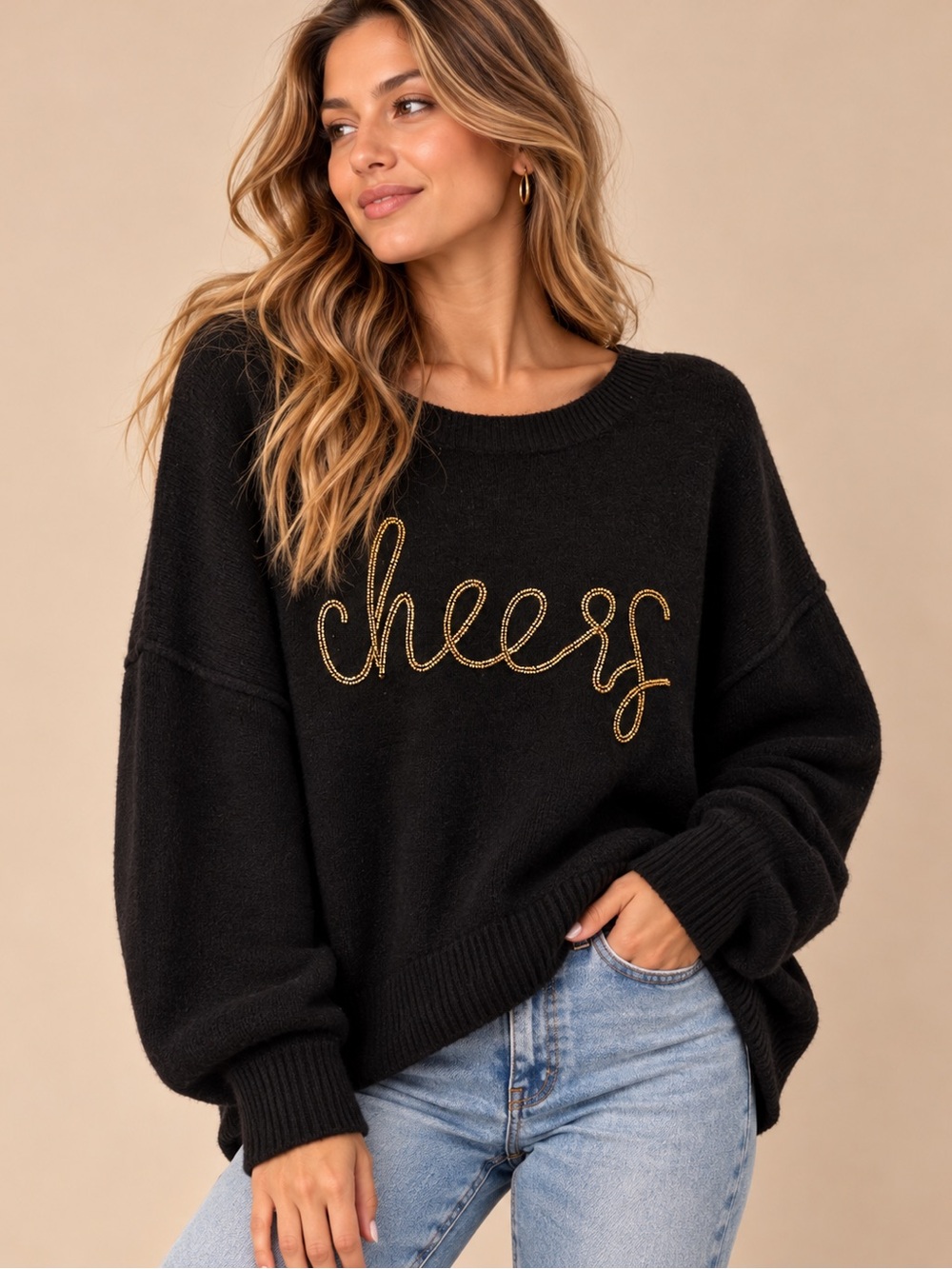 CeCe Black Gold Cheers Embellished Sweater Size L | Holiday Party Chic